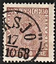 FRIMÆRKER SVERIGE | 1858 - AFA 11 - Våbentype tk. 14 uden vandmærke - 30 øre brun - Stemplet