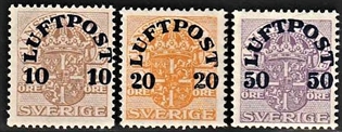 FRIMÆRKER SVERIGE | 1920 - AFA 138-140 - Luftpostmærker - 10-50 øre i sæt - Ubrugt/Postfrisk