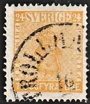 FRIMÆRKER SVERIGE | 1858 - AFA 10 - Våbentype tk. 14 uden vandmærke - 24 øre orange - Stemplet