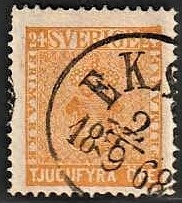 FRIMÆRKER SVERIGE | 1858 - AFA 10 - Våbentype tk. 14 uden vandmærke - 24 øre orange - Stemplet