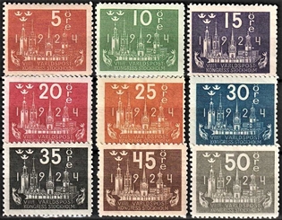 FRIMÆRKER SVERIGE | 1924 - AFA 159,160 mv. - Verdenspostkongres - 9 forskellige værdier - Ubrugt