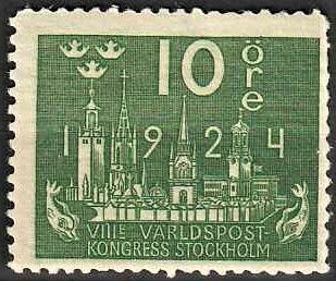 FRIMÆRKER SVERIGE | 1924 - AFA 160y - Verdenspostkongres - 10 øre grøn - Ubrugt