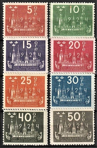 FRIMÆRKER SVERIGE | 1924 - AFA 159,160 mv. - Verdenspostkongres - 8 forskellige værdier - Ubrugt