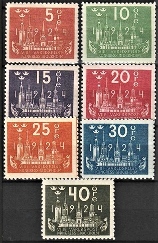 FRIMÆRKER SVERIGE | 1924 - AFA 159,160 mv. - Verdenspostkongres - 7 forskellige værdier - Ubrugt