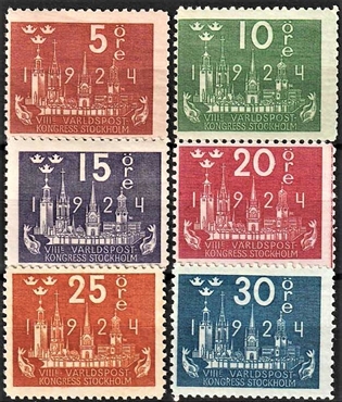 FRIMÆRKER SVERIGE | 1924 - AFA 159,160 mv. - Verdenspostkongres - 7 forskellige værdier - Ubrugt
