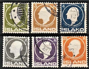 FRIMÆRKER ISLAND | 1911 -  AFA 63-68 - Jòn Sigurdsson - 1 eyr - 25 aur i komplet sæt - Stemplet