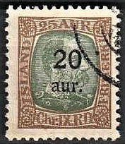 FRIMÆRKER ISLAND | 1921-22 - AFA 107 - Provisorier - 20/25 aur brun/grøn - Stemplet