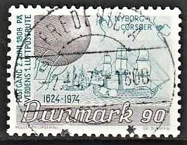 FRIMÆRKER DANMARK | 1974 - AFA 581 - Det danske Postvæsen 350 år - 90 øre brun/blågrøn - Lux Stemplet Fredericia