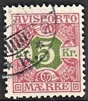 FRIMÆRKER DANMARK | 1907 - AFA 9 - 5 kr. rød/grøn - Stemplet