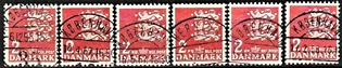 FRIMÆRKER DANMARK | 1946 - AFA 294 - Rigsvåben 2 Kr. rød x 6 - Lux Stemplet