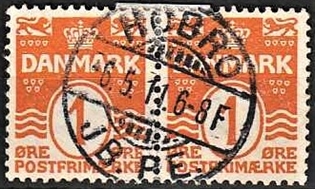 FRIMÆRKER DANMARK | 1905-06 - AFA 42 - Bølgelinie 1 øre orange i par - Lux Stemplet 