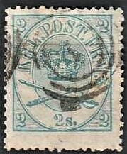 FRIMÆRKER DANMARK | 1864-70 - AFA 11 - 2 Skilling blå - Krone Scepter - Stemplet