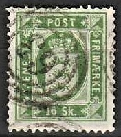FRIMÆRKER DANMARK | 1871 - AFA 3 - 16 Skilling grøn Tk. 14 - Stemplet