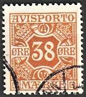 FRIMÆRKER DANMARK | 1914 - AFA 18 - 38 øre orange Avisporto, vandmærke IV kors - Stemplet