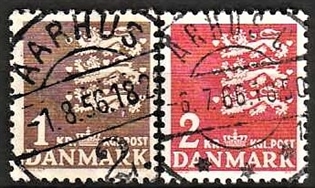 FRIMÆRKER DANMARK | 1946-47 - AFA 293,294 - Rigsvåben 1 + 2 Kr. - Lux Stemplet