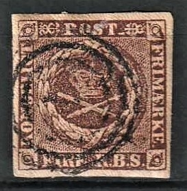 FRIMÆRKER DANMARK | 1853 - AFA 1 - 4 R.B.S IIa sortbrun - Thiele II - Stemplet
