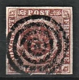 FRIMÆRKER DANMARK | 1852 - AFA 1 - 4 R.B.S Ia rødbrun - Thiele I - Stemplet