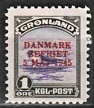 FRIMÆRKER GRØNLAND | 1945 - AFA 17 - AMERIKANER UDGAVEN "DANMARK BEFRIET" - 1 øre grøn/violet - Postfrisk