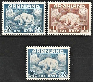 FRIMÆRKER GRØNLAND | 1938-46 - AFA 6,7,27 - Isbjørn - 30 + 40 øre og 1 kr. - Postfrisk