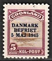FRIMÆRKER GRØNLAND | 1945 - AFA 18 - AMERIKANER UDGAVEN "DANMARK BEFRIET" - 5 øre vinrød/brun - Postfrisk