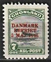 FRIMÆRKER GRØNLAND | 1945 - AFA 19 - AMERIKANER UDGAVEN "DANMARK BEFRIET" - 7 øre grøn/grå - Postfrisk