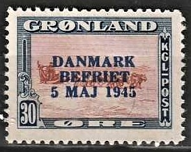 FRIMÆRKER GRØNLAND | 1945 - AFA 22 - AMERIKANER UDGAVEN "DANMARK BEFRIET" - 30 øre blå/brun/rød - Postfrisk