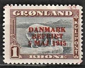 FRIMÆRKER GRØNLAND | 1945 - AFA 23 - AMERIKANER UDGAVEN "DANMARK BEFRIET" - 1 kr.brun/grå - Postfrisk