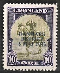 FRIMÆRKER GRØNLAND | 1945 - AFA 20 - AMERIKANER UDGAVEN "DANMARK BEFRIET" - 10 øre lilla/olivengrøn - Postfrisk