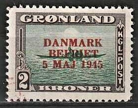 FRIMÆRKER GRØNLAND | 1945 - AFA 24 - AMERIKANER UDGAVEN "DANMARK BEFRIET" - 2 kr. mørkbrun/grøn - Postfrisk
