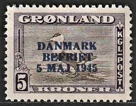 FRIMÆRKER GRØNLAND | 1945 - AFA 25 - AMERIKANER UDGAVEN "DANMARK BEFRIET" - 5 kr. mørklilla/gråbrun - Postfrisk