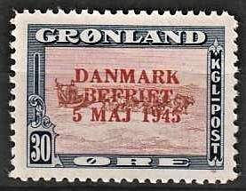 FRIMÆRKER GRØNLAND | 1945 - AFA 22a - AMERIKANER UDGAVEN "DANMARK BEFRIET" Ændrede farver - 30 øre blå/brun/rød - Postfrisk