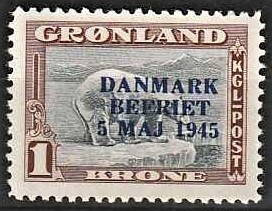 FRIMÆRKER GRØNLAND | 1945 - AFA 23a - AMERIKANER UDGAVEN "DANMARK BEFRIET" Ændrede farver - 1 kr. brun/grå - Postfrisk