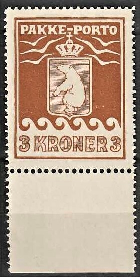 FRIMÆRKER GRØNLAND | 1930 - AFA 12 - PAKKE-PORTO - 3 kr. brun med marginalstykke - Postfrisk