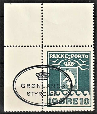 FRIMÆRKER GRØNLAND | 1915 - AFA 7l - PAKKE-PORTO 10 øre blå, kartonpapir med øvre marginal - Pragt Stemplet