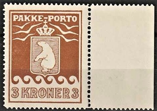 FRIMÆRKER GRØNLAND | 1930 - AFA 12 - PAKKE-PORTO - 3 kr. brun med marginalstykke - Postfrisk
