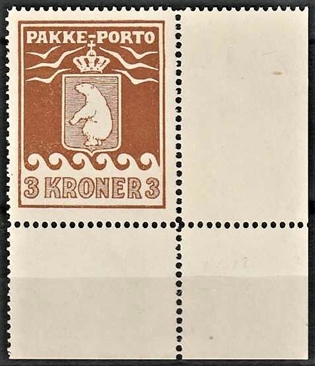 FRIMÆRKER GRØNLAND | 1930 - AFA 12 - PAKKE-PORTO - 3 kr. brun med nedre SØ marginalstykke - Postfrisk