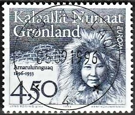 FRIMÆRKER GRØNLAND | 1996 - AFA 296 - Europamærke. Kendt kvinde - 4,50 kr. gråblå - Lux stemplet