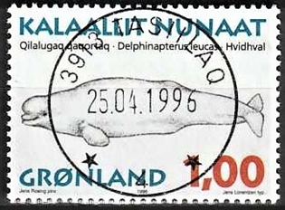 FRIMÆRKER GRØNLAND | 1996 - AFA 291 - Grønlandske hvaler I - 1,00 kr. matrød/flerfarvet - Lux stemplet