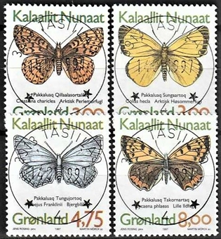 FRIMÆRKER GRØNLAND | 1997 - AFA 304-07 - Grønlandske sommerfugle - 2,00 - 8,00 kr. i sæt - Lux stemplet