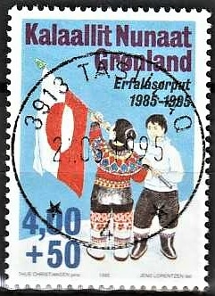 FRIMÆRKER GRØNLAND | 1995 - AFA 275 - Det Grønlanske flag 10 år. - 4,00 kr. + 50 øre flerfarvet - Lux stemplet
