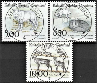 FRIMÆRKER GRØNLAND | 1993 - AFA 241-43 - Dyr i Grønland I. - 5,00 - 10,00 kr. flerfarvet - Lux stemplet