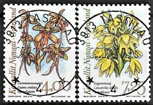 FRIMÆRKER GRØNLAND | 1995 - AFA 258,259 - Arktiske orkideer I. - 4,00 + 7,25 kr. flerfarvet - Lux stemplet