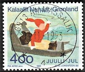FRIMÆRKER GRØNLAND | 1993 - AFA 244 - Julefrimærke - 4,00 kr. flerfarvet - Lux stemplet