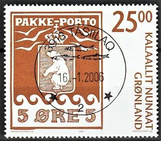 FRIMÆRKER GRØNLAND | 2005 - AFA 463 - Pakkeportomærkerne 100 år. - 25,00 kr. brun/hvid - Lux stemplet