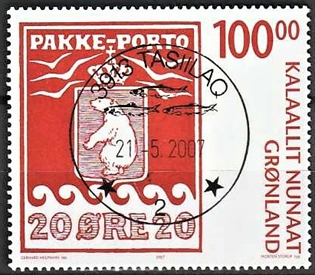 FRIMÆRKER GRØNLAND | 2007 - AFA 491 - Pakkeportomærkerne 100 år. - 100,00 kr. rød/hvid - Lux stemplet