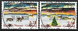 FRIMÆRKER GRØNLAND | 2008 - AFA 526,527 - Julefrimærker - 5,75 + 7,50 kr. flerfarvet - Lux stemplet