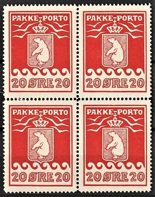 FRIMÆRKER GRØNLAND | 1915 - AFA 9 - PAKKE-PORTO 20 øre rød i 4-blok - Postfrisk