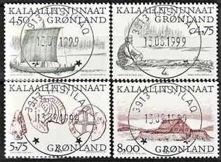 FRIMÆRKER GRØNLAND | 1999 - AFA 344-47 - Arktiske vikinger. - 4,50 - 8,00 kr. flerfarvet - Lux stemplet