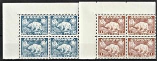 FRIMÆRKER GRØNLAND | 1938 - AFA 6,7 - Isbjørn - 30 øre + 1 kr. i 4-blok sæt med øvre marginal - Postfrisk
