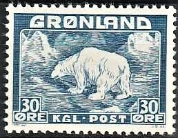 FRIMÆRKER GRØNLAND | 1938 - AFA 6 - Isbjørn - 30 øre blå - Postfrisk